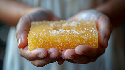 Close-up of hands holding a honeycomb piece, with focus on the golden, translucent texture and honey droplets, against a blurred background. - 783059272