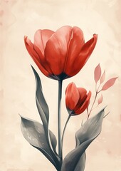 Watercolor Painting of Red Roses Isolated Against Beige Background