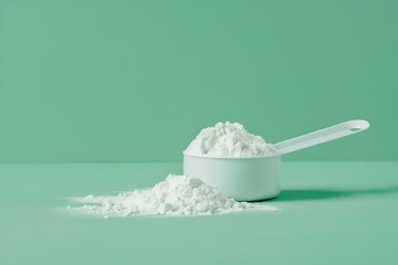 A scoop of white creatine monohydrate powder on a green background, energy sports supplement