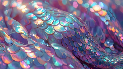 Holographic mermaid tail background. texture of fish or dragon scales. shiny and iridescent pink, blue and purple abstract wallpaper - obrazy, fototapety, plakaty