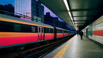 Fototapeta premium subway platform and passing electric train. modern railway station at night. urban transport system with metro