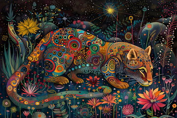 Obraz premium Enchanted Jaguar in Psychedelic Jungle