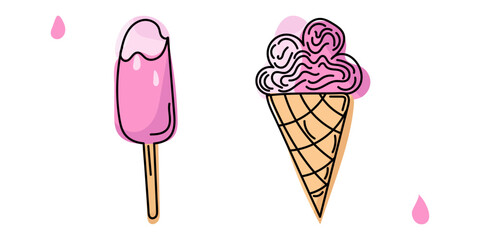 Colorful Doodle set Ice Cream in beige cone and popsicle on beige stick in violet and pink colors. Editable stroke. Vector illustration for cards, business, banners, textile, wallpaper, wrapping	