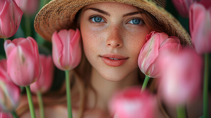 Young woman with blue eyes wearing a straw hat, peeking through pink tulips. Ideal for spring and beauty themes.