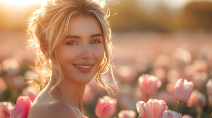 Portrait of a smiling young woman in a tulip field during golden hour, with soft sunlight illuminating her face and flowers.