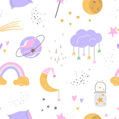 Cute sleeping elements seamless pattern. Design for fabric, home textile, cover, wrapping paper in hand drawn childish style