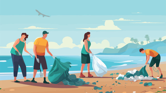 Family collecting garbage in trash bags on ocean be
