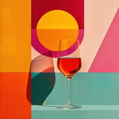 Abstract Art: Glass of Red Wine Against Multicolored Wall with Geometric Colored Shapes