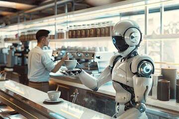 Futuristic concept of a robotic barista preparing coffee and engaging with fascinated customers