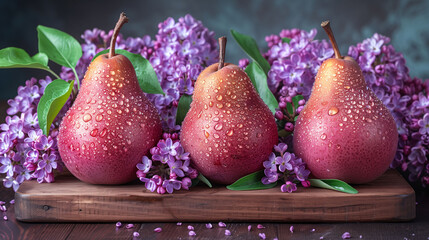Three fresh pears with water droplets on a wooden board, surrounded by purple lilac flowers, with a dark moody background.