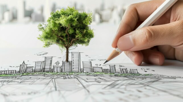 Urban planner sketching sustainable green city with eco friendly architecture and tree