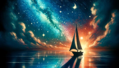 Sailboat Voyage under Cosmic Sky Artistic Illustration