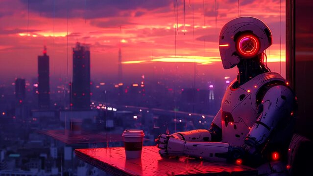 Robot enjoying hot coffee with cityscape view. seamless looping 4k time-lapse video background
