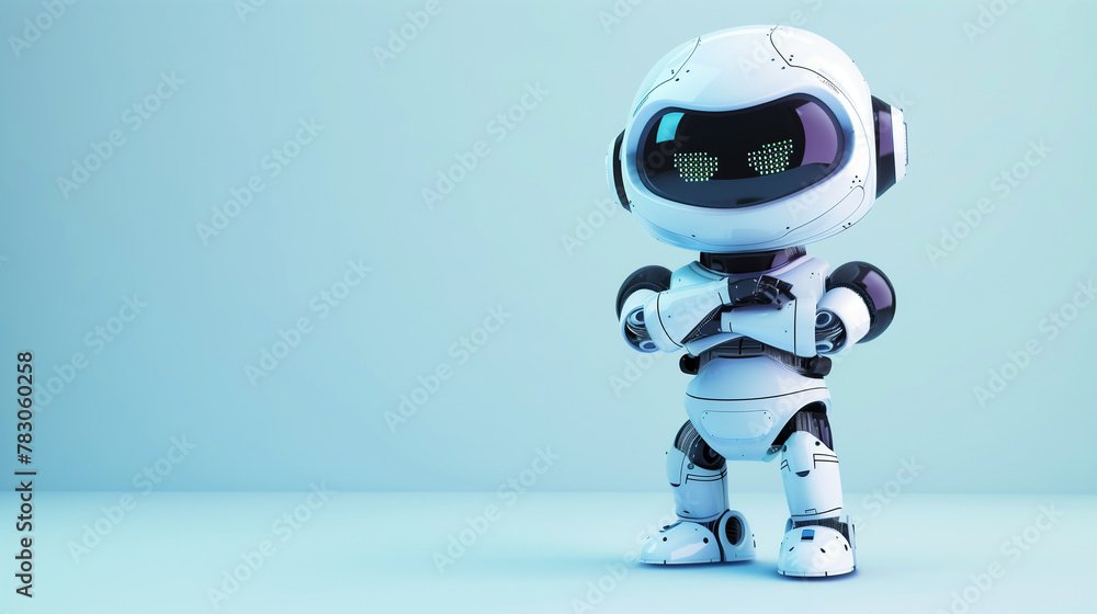 Poster a robot stands with his arms crossed in front of a white background. the robot wears headphones and 