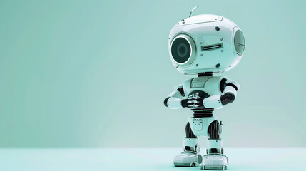 A one-eyed robot stands holding its own hands in front of a white background. The robot wears headphones and has a serious expression.