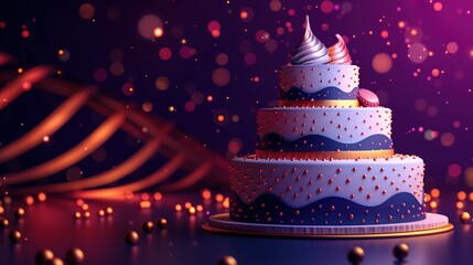 Digital Art of Birthday Cake with Decorations, Copy Space For Text