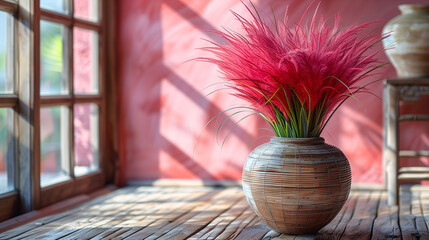 Brightly lit room with a wicker vase holding vibrant pink pampas grass, placed on a wooden floor against a red textured wall, creating a warm, cozy interior atmosphere. - 783060242