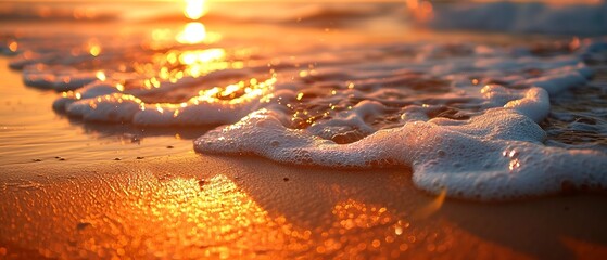 Waves lapping sandy shore, close up, golden sunrise light, tranquil