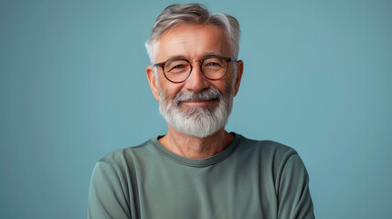 Obraz premium A man with a beard and glasses is smiling at the camera. He is wearing a green shirt and he is happy. Happy mature man on a solid background