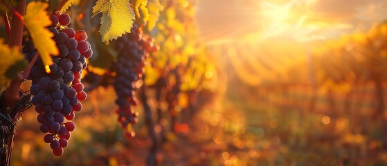 Vineyard rows at sunset, close up, golden light, grape details, tranquil - obrazy, fototapety, plakaty