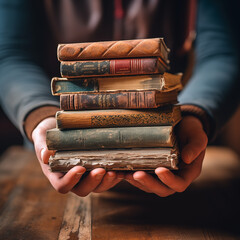Hands holding a stack of old books