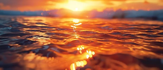 Foto auf Glas Tropical beach sunset, close up, orange sky reflection on water, serene © Thanthara