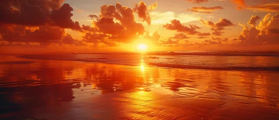 Schilderijen op glas Tropical beach sunset, close up, orange sky reflection on water, serene © Thanthara