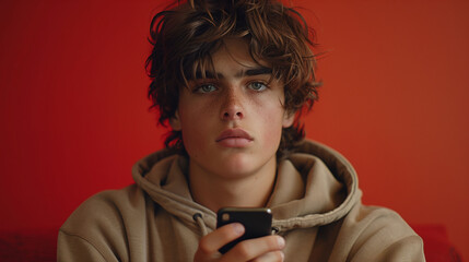 Portrait of a pensive young man with tousled hair, wearing a hoodie, holding a smartphone against a red background, with a thoughtful expression. - 783060630