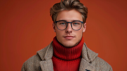 Portrait of a stylish young man with glasses wearing a red turtleneck and a beige cardigan, posing against an orange background with a confident, approachable smile.