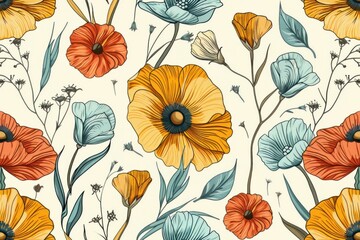Seamless floral pattern featuring vibrant poppies and leaves on a soft beige background for textile or wallpaper design