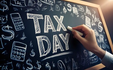 Tax day 2024, tax season, tax day text on a board with chalk - obrazy, fototapety, plakaty