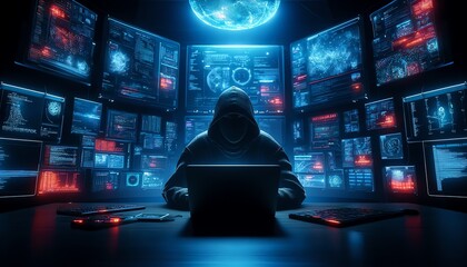 3D Image of a 'Black Hat Hacker' Concept in Cybersecurity - obrazy, fototapety, plakaty