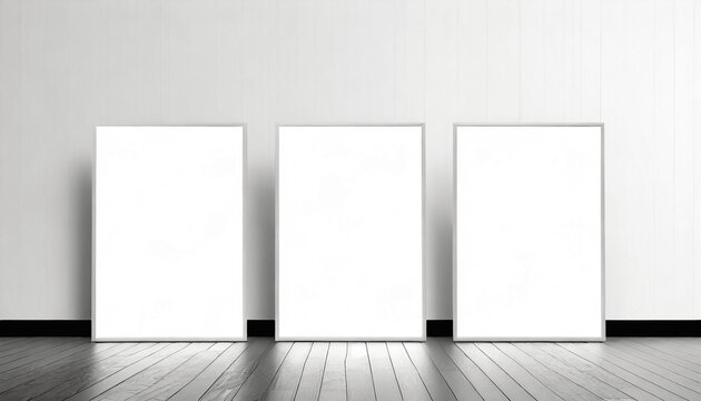 empty white wall. Floor standing three empty posters for design portfolio
