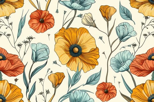 Seamless floral pattern featuring vibrant poppies and leaves on a soft beige background for textile or wallpaper design