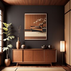 Japanese interior design of modern living room, home. Mid-century sofa near wooden cabinet against dark wall with poster, frame.