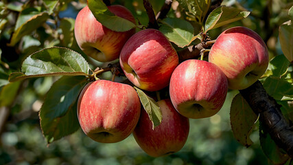 Bunch of red ripe apples on apple plantation ready for harvesting and export. Ripe apples hanging from branch