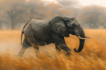 An elephant in motion, with a blurred background highlighting its gentle strength and grace