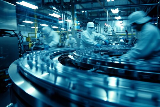 Industrial workers in white protective suits carrying out maintenance work on machinery in a factory setting