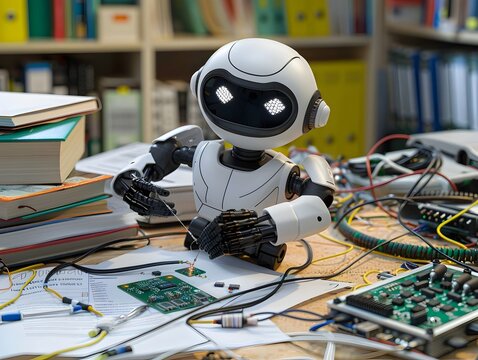 Robotic Technician Meticulously Soldering Circuit Board on Cluttered Desk with Books and Tools