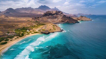Tarrafal Beach - Cape Verde Aerial View. Santiago Island Landscape of Tarrafal - popular tourist destination. - obrazy, fototapety, plakaty