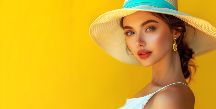A woman wearing a white tank top and a straw hat is standing in front of a yellow wall. Designing a media campaign for sunscreen and a beautiful model woman