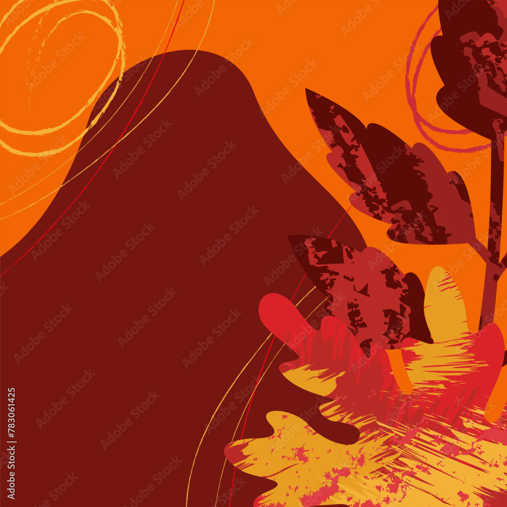 Poster bright autumn background with abstract textured maple leaves and color spots.