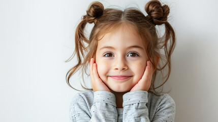 A young baby girl with brown hair and a smile on her face. She is wearing a gray shirt and has her hands on her face. Cute young child with prominent protruding ears on a light background. - Powered by Adobe