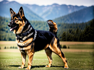 A black and tan German Shepherd dog standing in a grassy field with mountains in the background. - Powered by Adobe