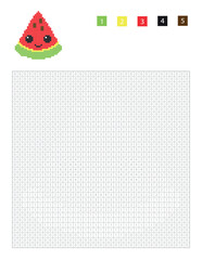 Education game for children. Pixel cute watermelon in the coloring page with number squares, vector illustration