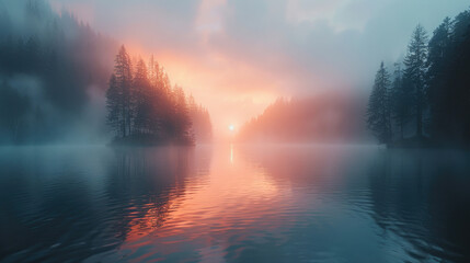 A serene lake enveloped in a veil of morning fog, creating an air of tranquility and mystery - obrazy, fototapety, plakaty