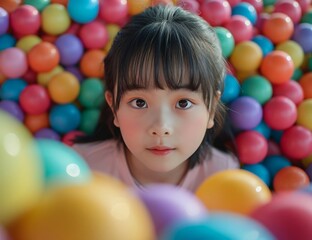Fototapeta na wymiar Young Asian girl playing in a colorful ball pit, surrounded by vibrant balls and having fun
