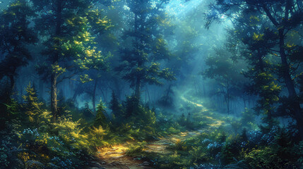 Fototapeta na wymiar A winding forest path obscured by a blanket of morning fog, inviting exploration and discovery