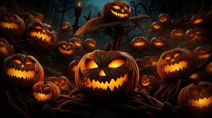 Halloween Pumpkin Scarecrow in a Creepy Jack-o-Lantern Field