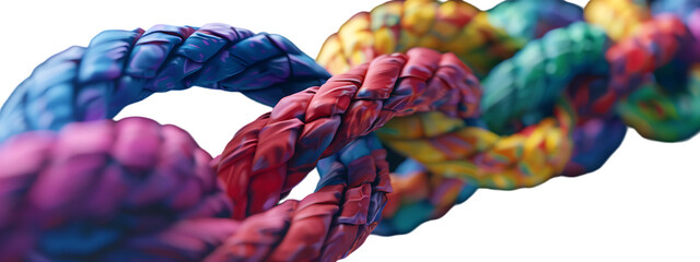 A colorful rope is seen in the foreground, with each color representing different chain elements - obrazy, fototapety, plakaty